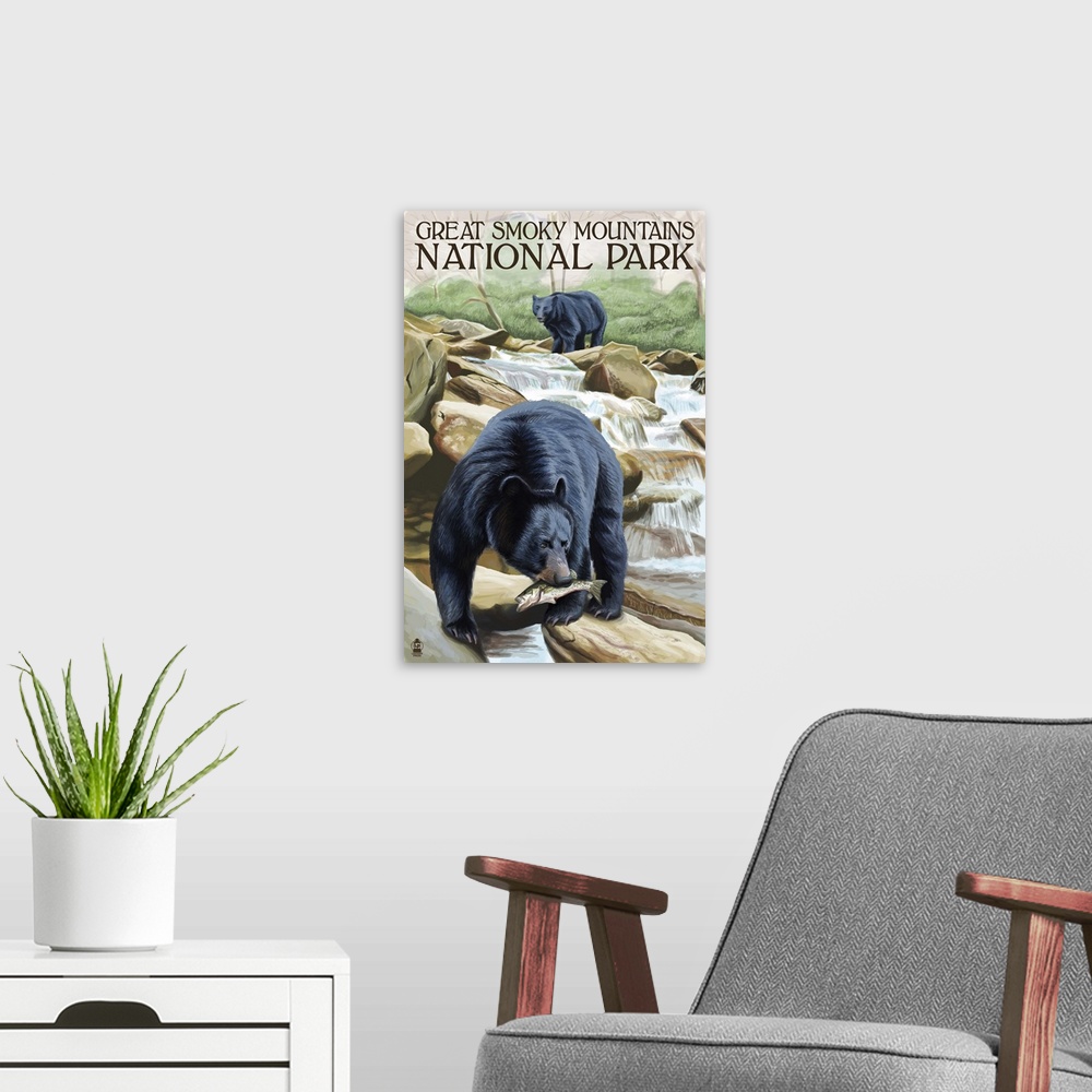 A modern room featuring Black Bears Fishing - Smoky Mountains National Park, TN: Retro Travel Poster