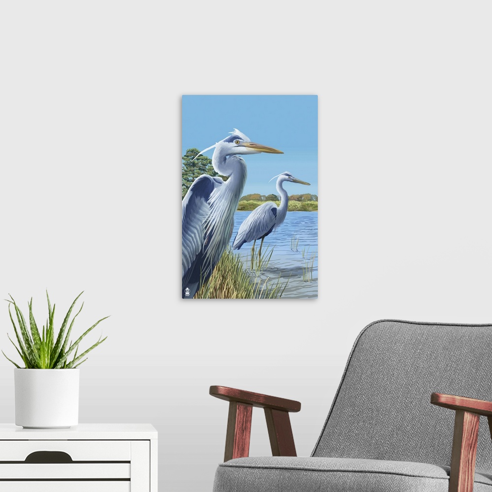 A modern room featuring Blue Herons (East Coast): Retro Poster Art