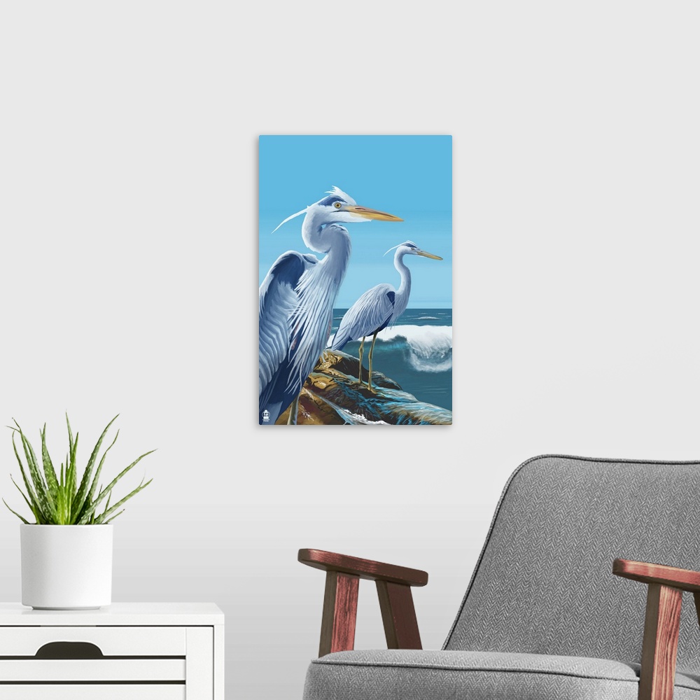 A modern room featuring Blue Herons (West Coast): Retro Poster
