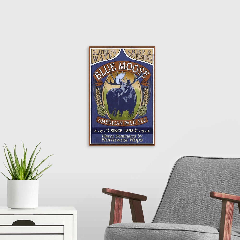 A modern room featuring Blue Moose - Northwest Pale Ale: Retro Travel Poster