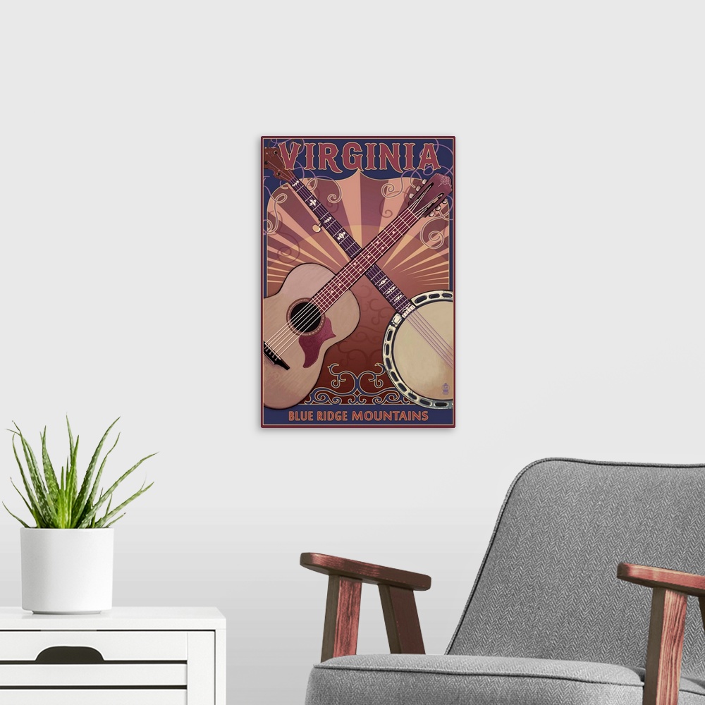 A modern room featuring Blue Ridge Mountains - Banjo and Guitar: Retro Travel Poster