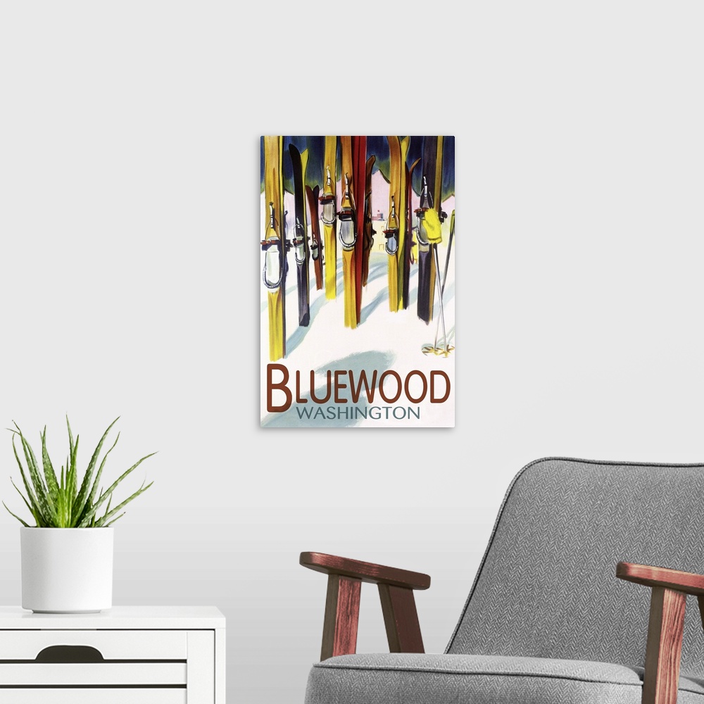 A modern room featuring Bluewood, Washington - Colorful Skis: Retro Travel Poster