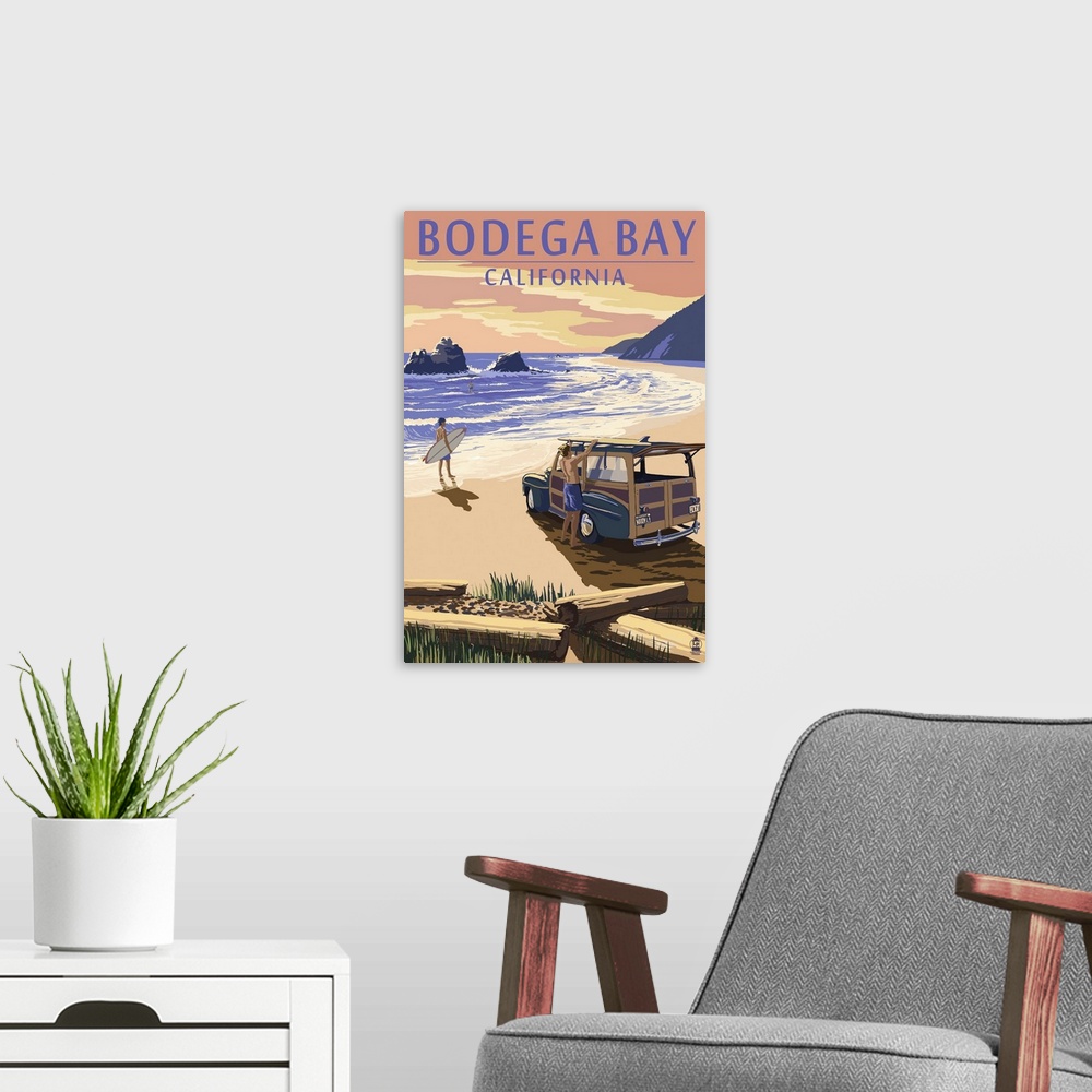 A modern room featuring Bodega Bay, California - Woody on Beach: Retro Travel Poster