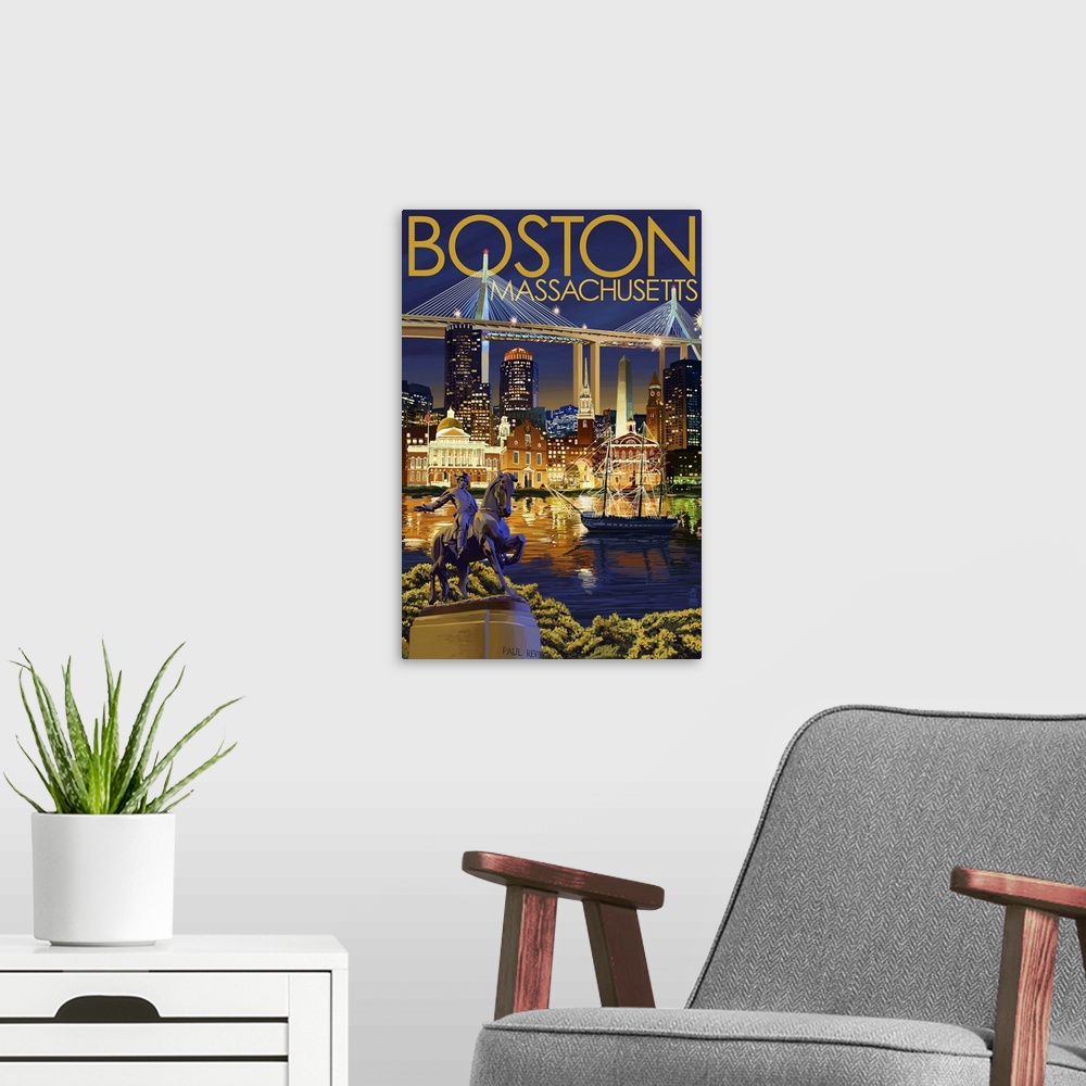 A modern room featuring Boston, Massachusetts - Skyline at Night: Retro Travel Poster
