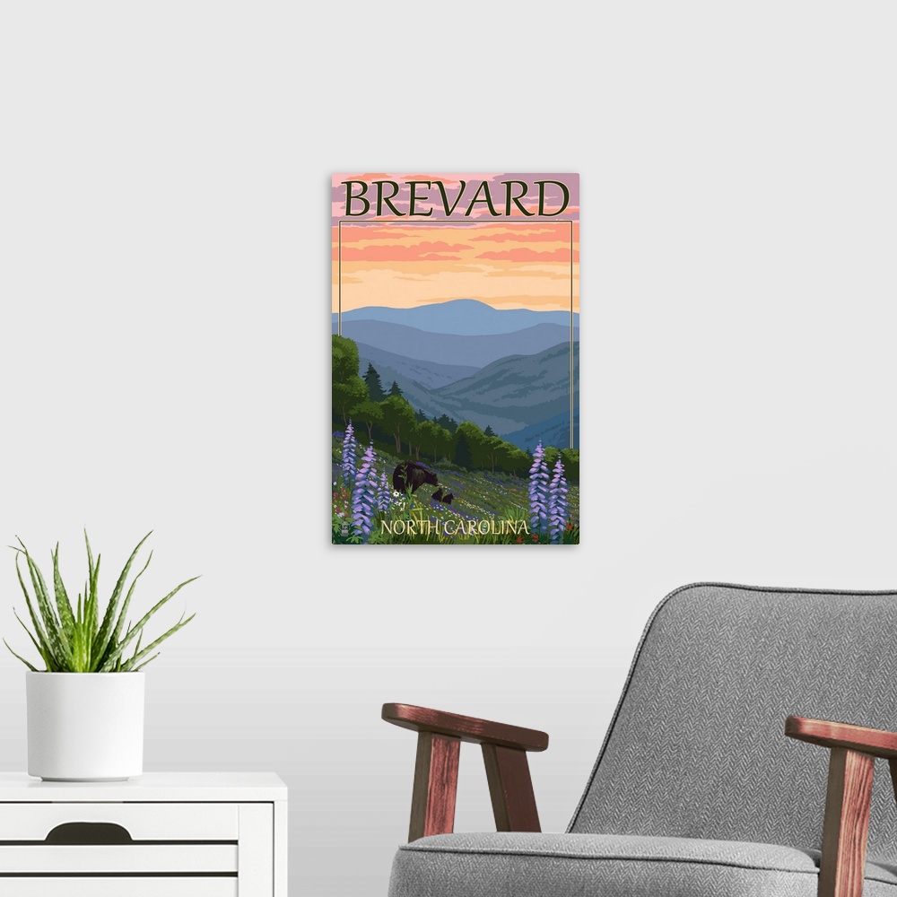 A modern room featuring Brevard, North Carolina - Spring Flowers and Bear Family: Retro Travel Poster