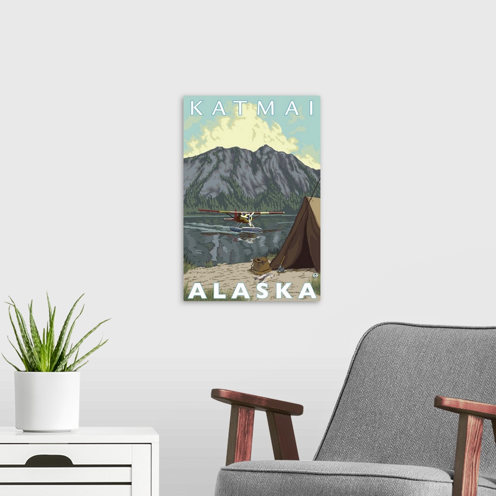 A modern room featuring Bush Plane and Fishing - Katmai, Alaska: Retro Travel Poster