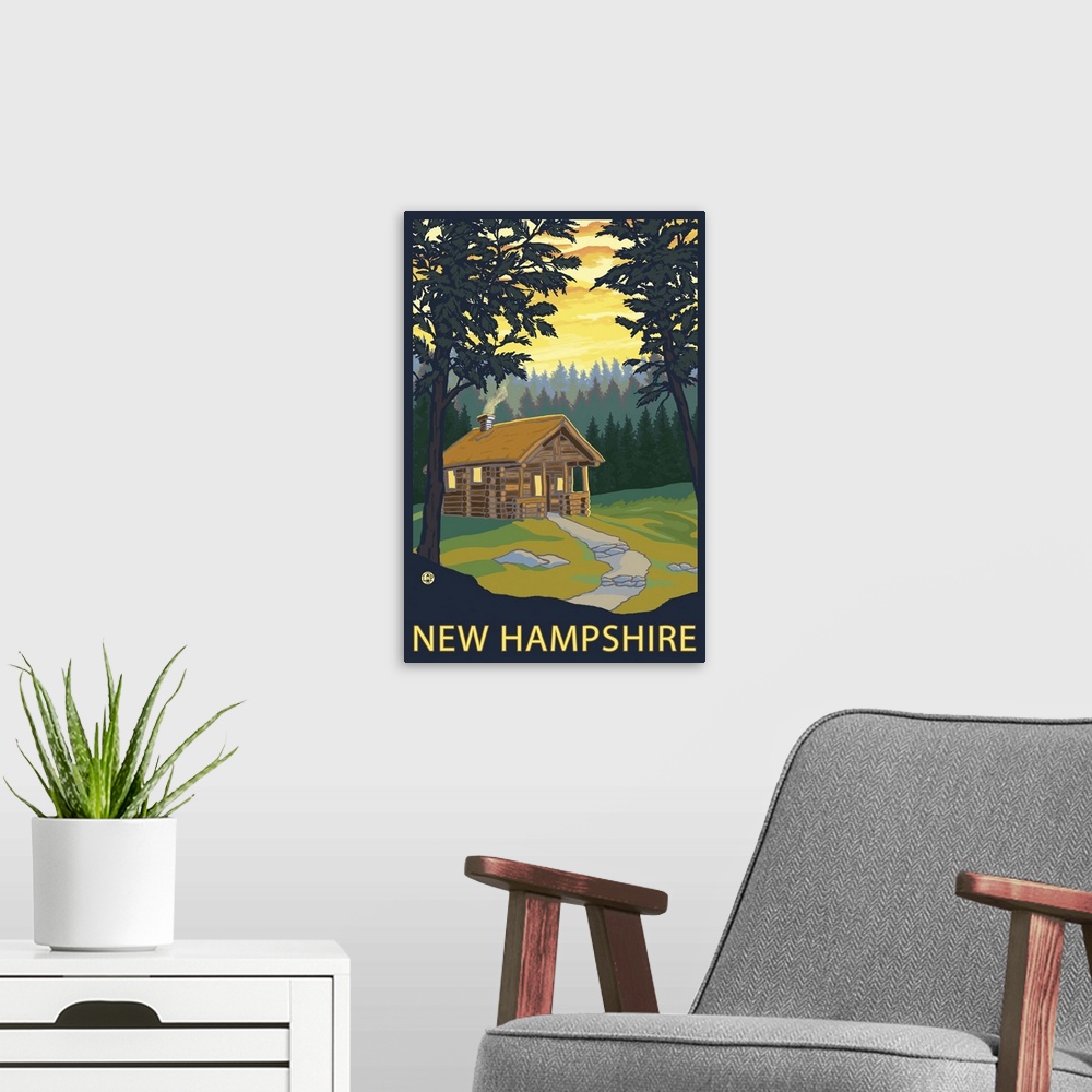 A modern room featuring Cabin Scene - New Hampshire: Retro Travel Poster