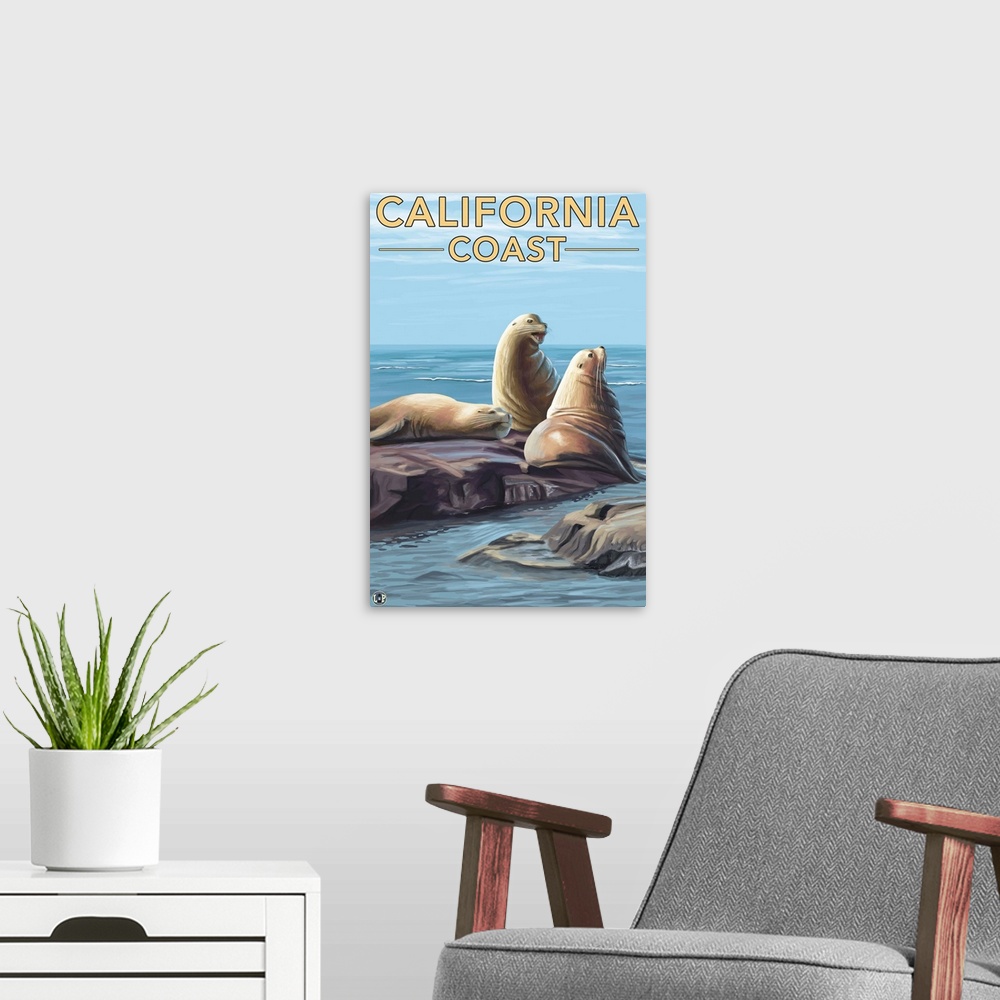 A modern room featuring California Coast - Sea Lions: Retro Travel Poster