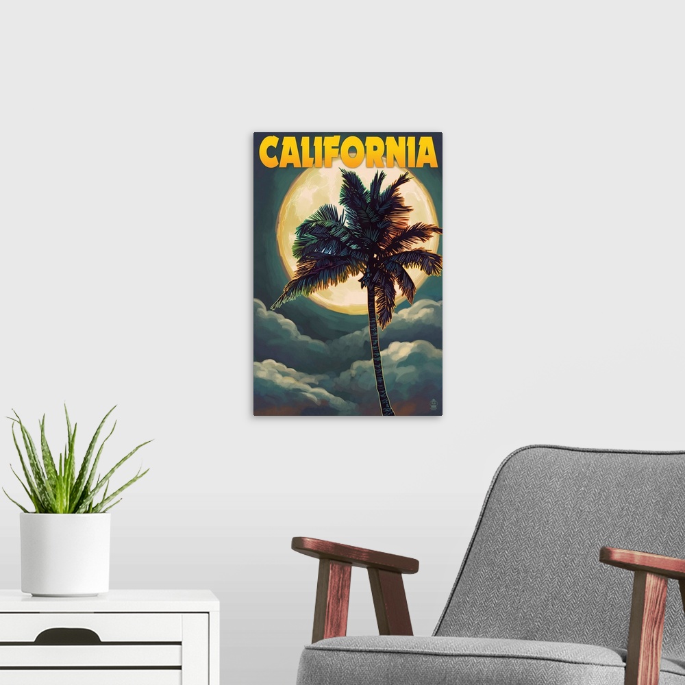 A modern room featuring California - Palms and Moon: Retro Travel Poster
