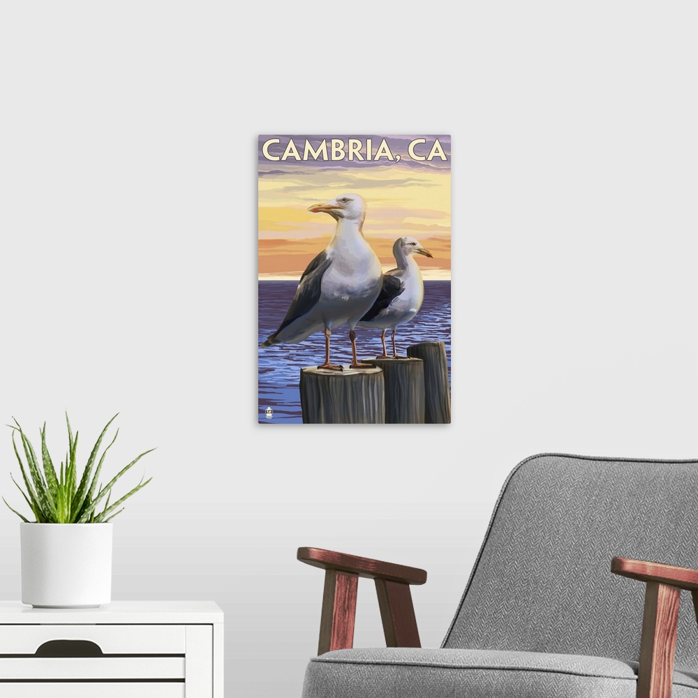 A modern room featuring Cambria, California - Sea Gulls: Retro Travel Poster