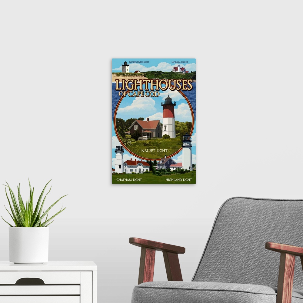A modern room featuring Cape Cod, Massachusetts - Lighthouses Montage: Retro Travel Poster