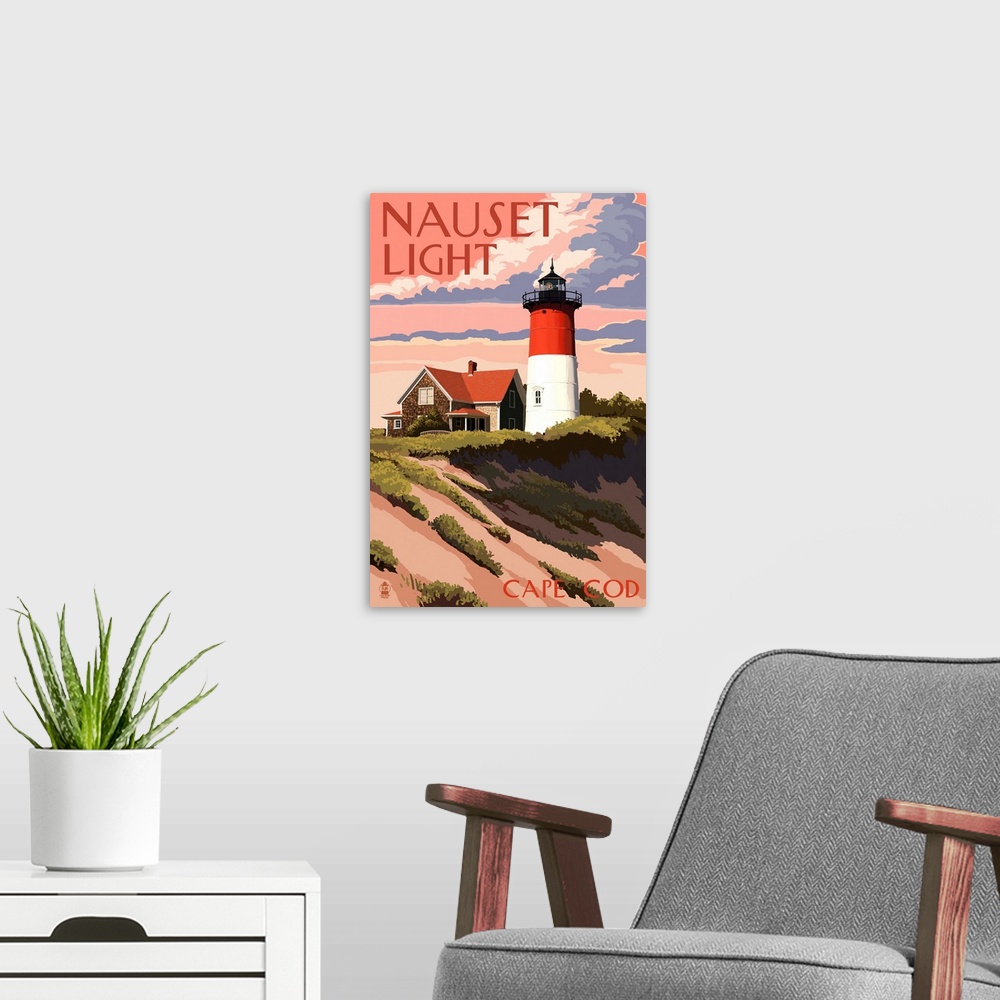 A modern room featuring Cape Cod, Massachusetts - Nauset Light and Sunset: Retro Travel Poster