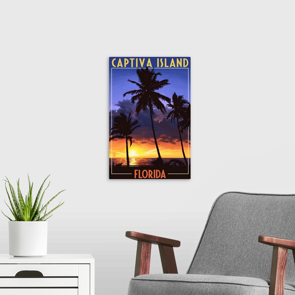 A modern room featuring Captiva Island, Florida  - Palms and Sunset: Retro Travel Poster