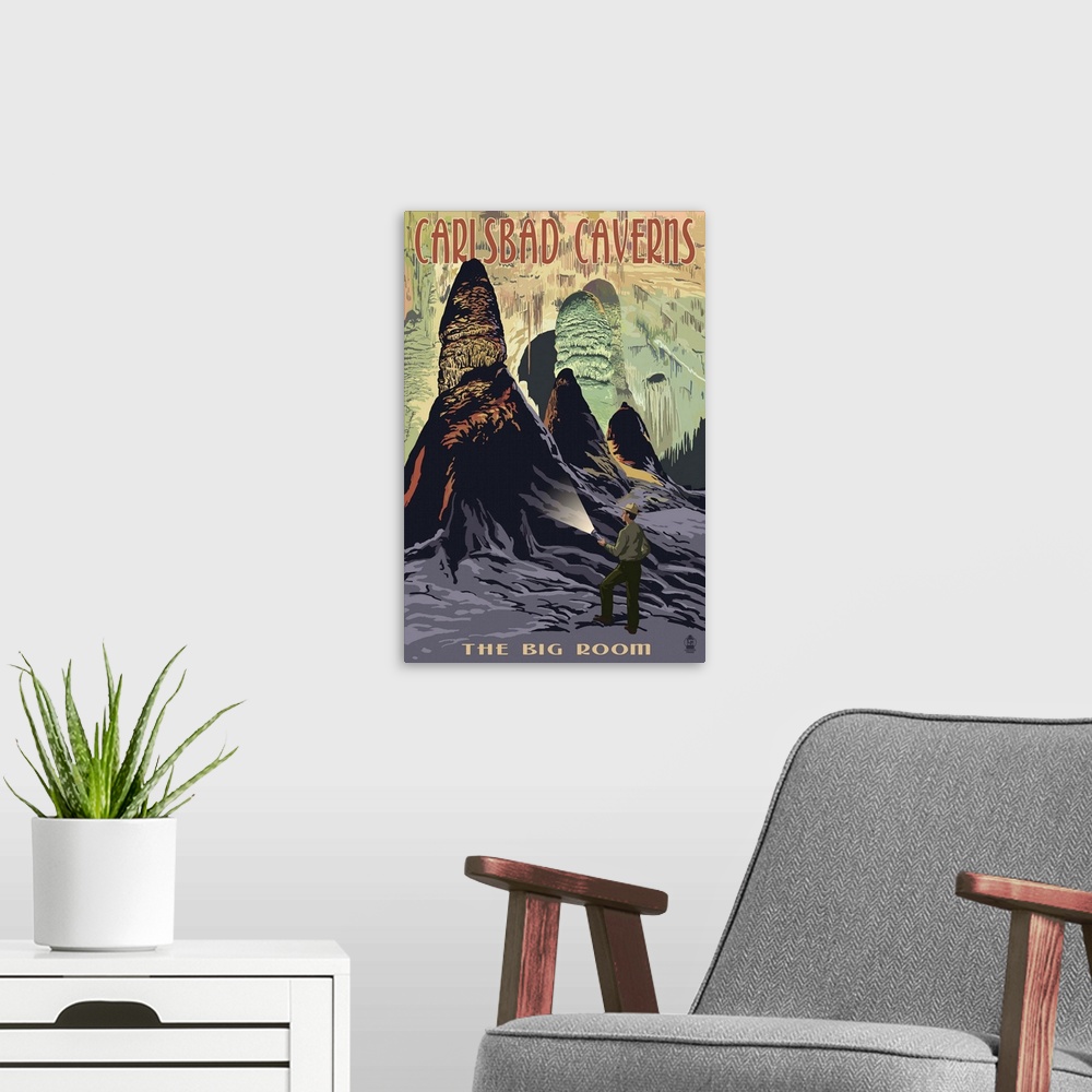 A modern room featuring Carlsbad Caverns National Park, New Mexico - The Big Room: Retro Travel Poster