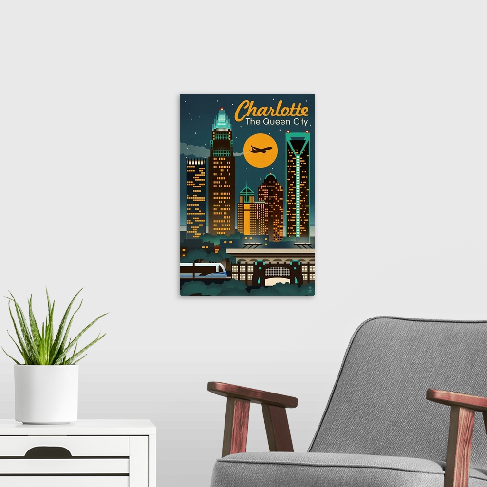A modern room featuring Charlotte, North Carolina - Retro Skyline: Retro Travel Poster