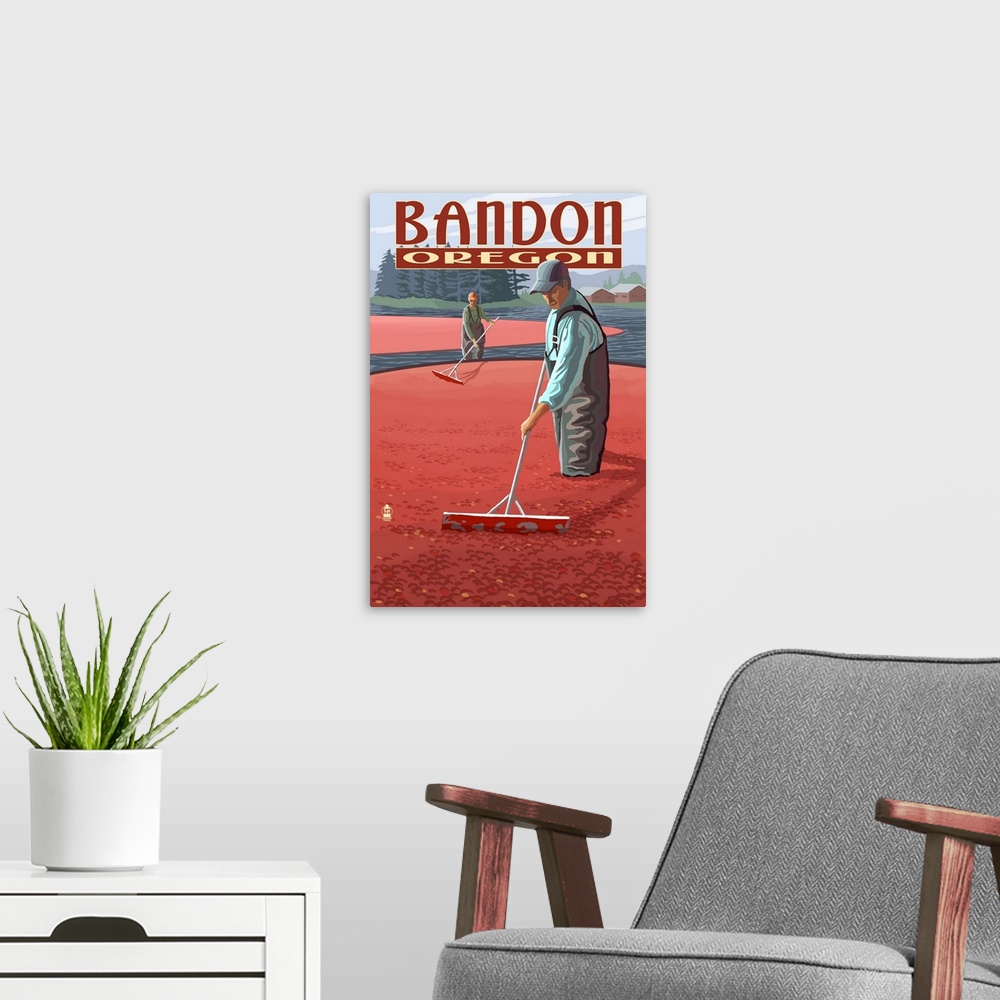 A modern room featuring Cranberry Bogs Harvest - Bandon, Oregon: Retro Travel Poster