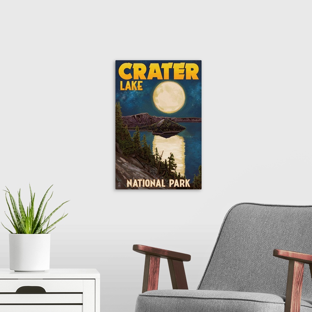 A modern room featuring Crater Lake National Park, Oregon - Lake and Full Moon: Retro Travel Poster