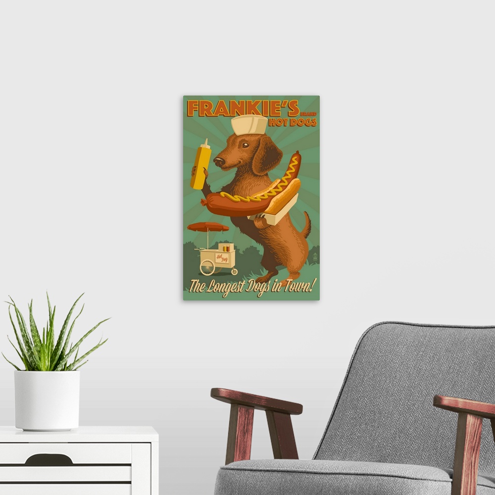 A modern room featuring Dachshund, Retro Hotdog Ad