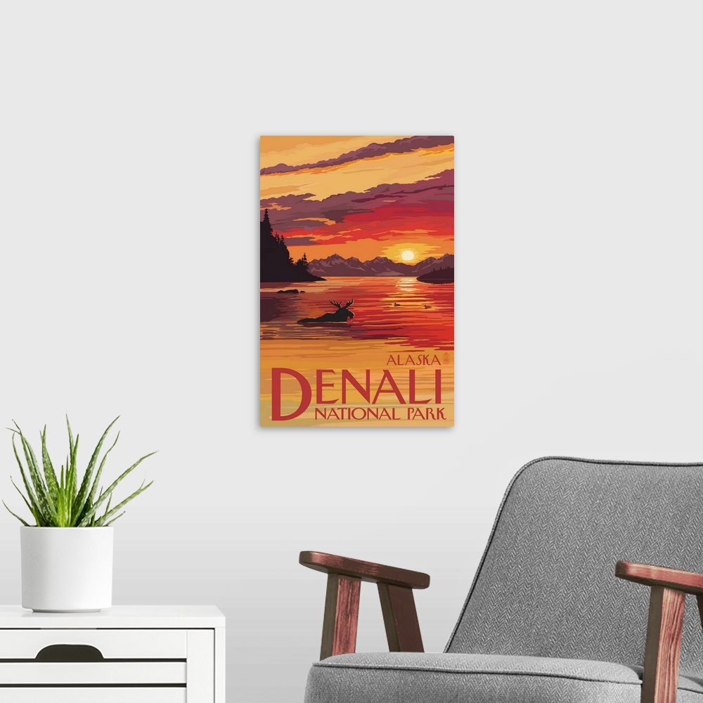 A modern room featuring Denali National Park, Alaska - Moose at Sunset: Retro Travel Poster