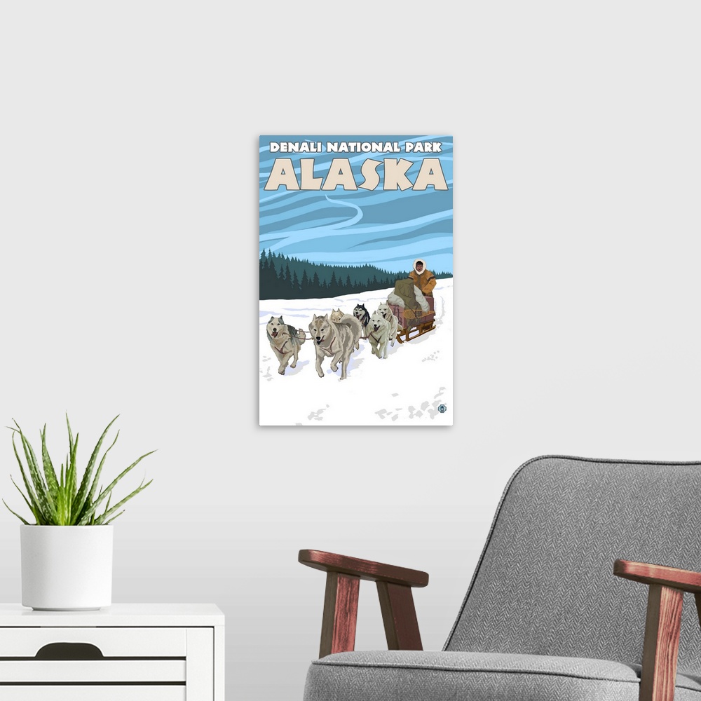 A modern room featuring Dog Sledding Scene - Denali National Park, Alaska: Retro Travel Poster