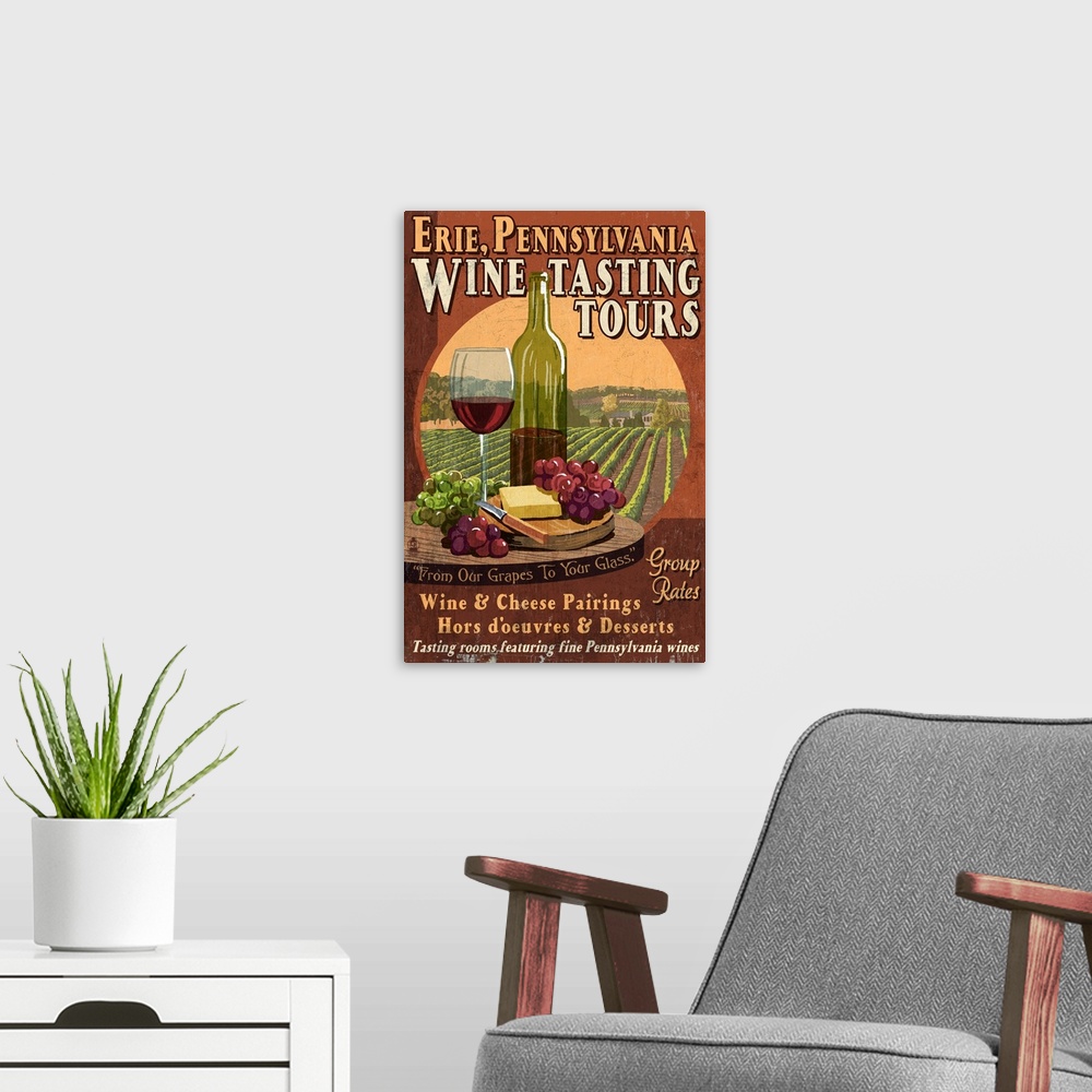 A modern room featuring Retro stylized art poster of a glass of red wine with cheese and fruit. With a vineyard in the ba...