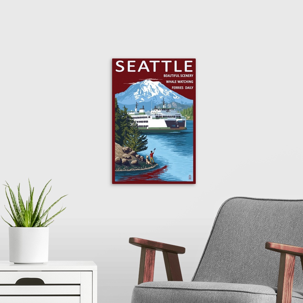 A modern room featuring Ferry and Mount Rainier Scene - Seattle, Washington: Retro Travel Poster