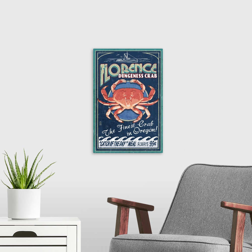 A modern room featuring Retro stylized art poster of a vintage seafood market sign displaying a dungeness crab.