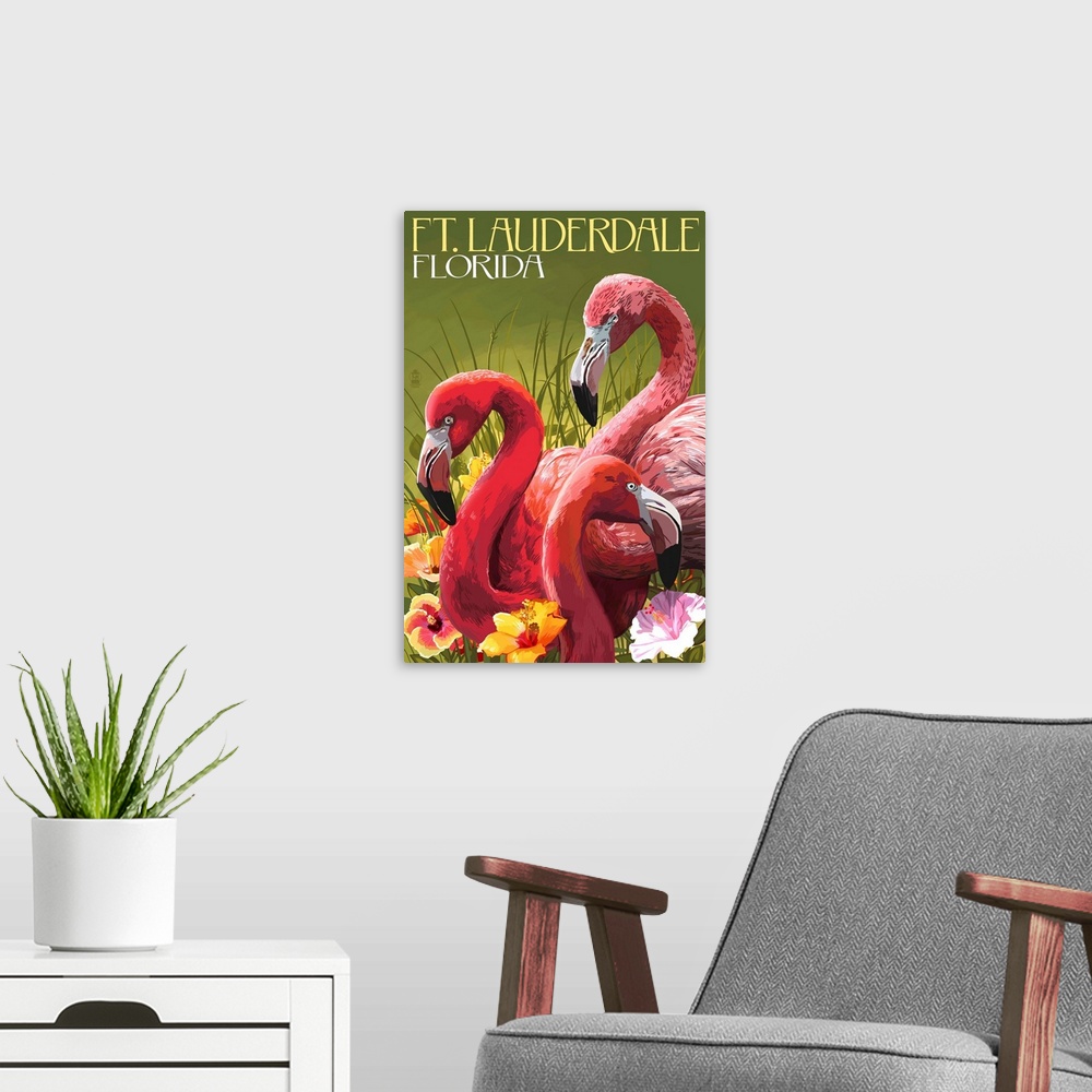 A modern room featuring Ft. Lauderdale, Florida - Flamingo Scene: Retro Travel Poster