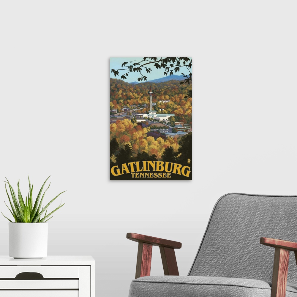 A modern room featuring Gatlinburg, Tennessee Town Scene: Retro Travel Poster