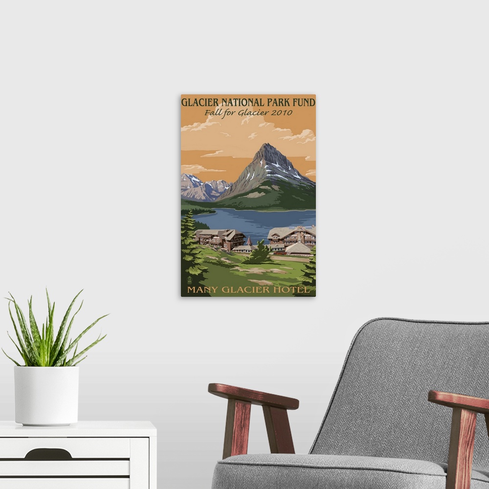 A modern room featuring Glacier National Park Fund - Many Glacier Hotel: Retro Travel Poster