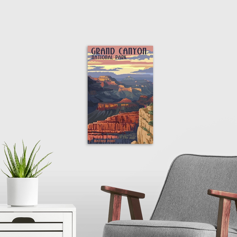 A modern room featuring Retro stylized art poster of a view of a massive canyon.