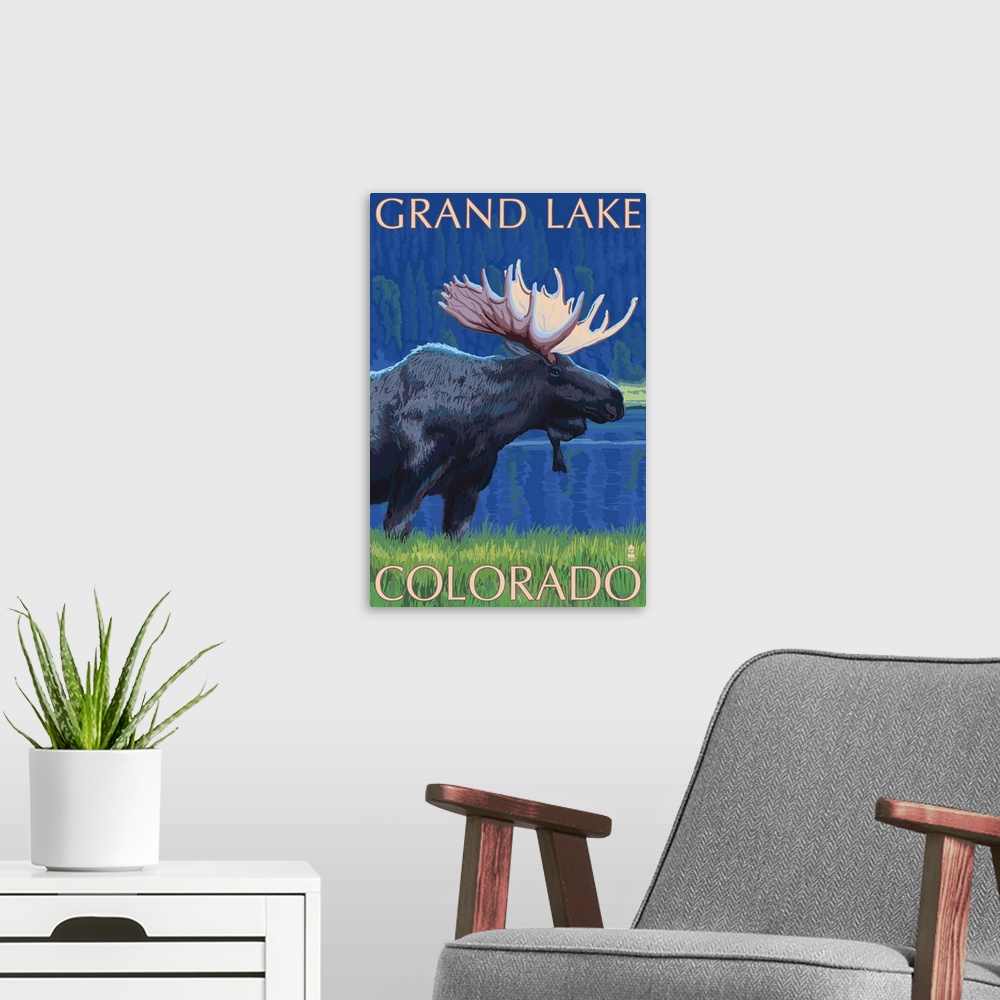 A modern room featuring Grand Lake, Colorado - Moose at Night: Retro Travel Poster
