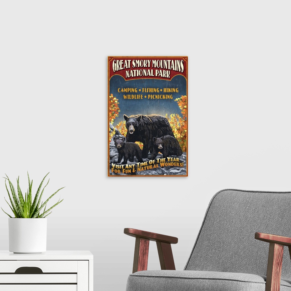 A modern room featuring Great Smoky Mountains National Park - Black Bear Vintage Sign: Retro Travel Poster