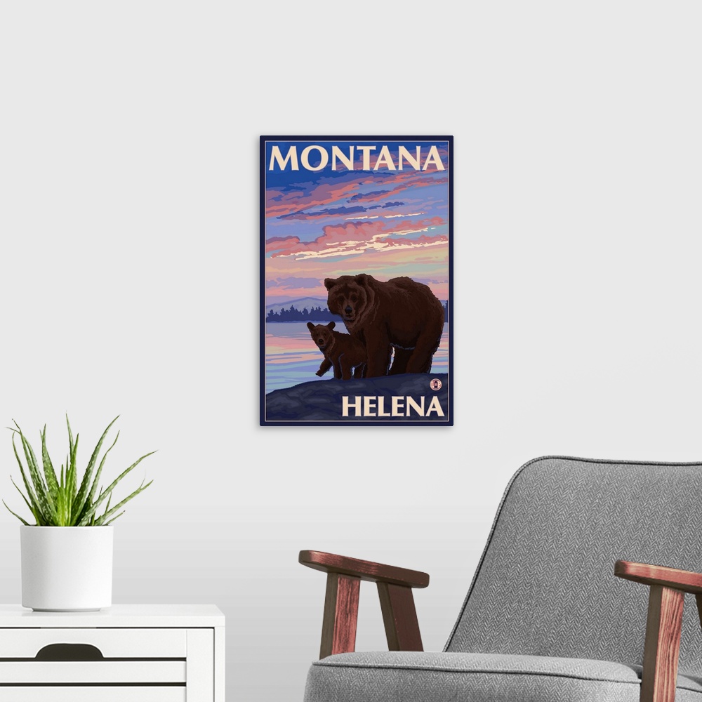 A modern room featuring Helena, Montana - Bear and Cub: Retro Travel Poster