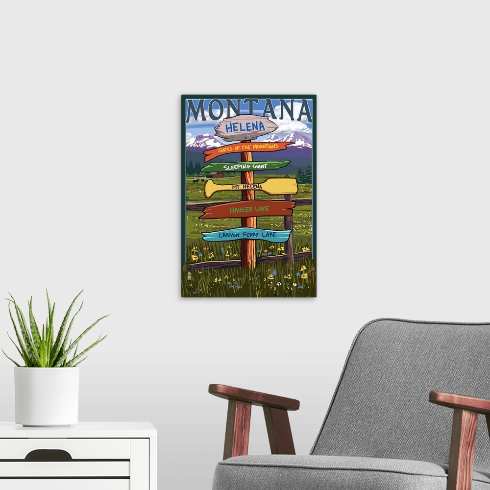A modern room featuring Helena, Montana, Destination Signpost