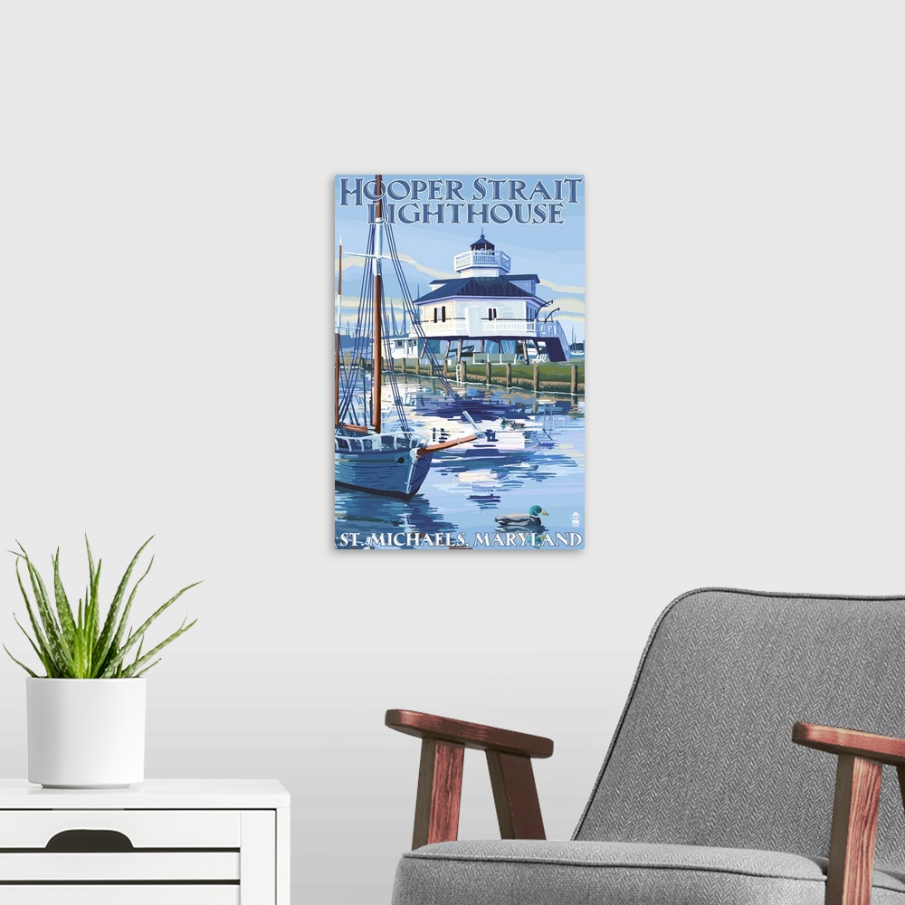 A modern room featuring Hooper Strait Lighthouse - St. Michaels, MD: Retro Travel Poster