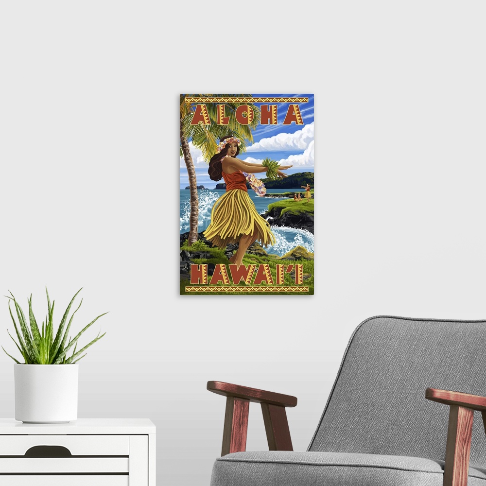 A modern room featuring Hula Girl on Coast - Aloha Hawaii -  : Retro Travel Poster