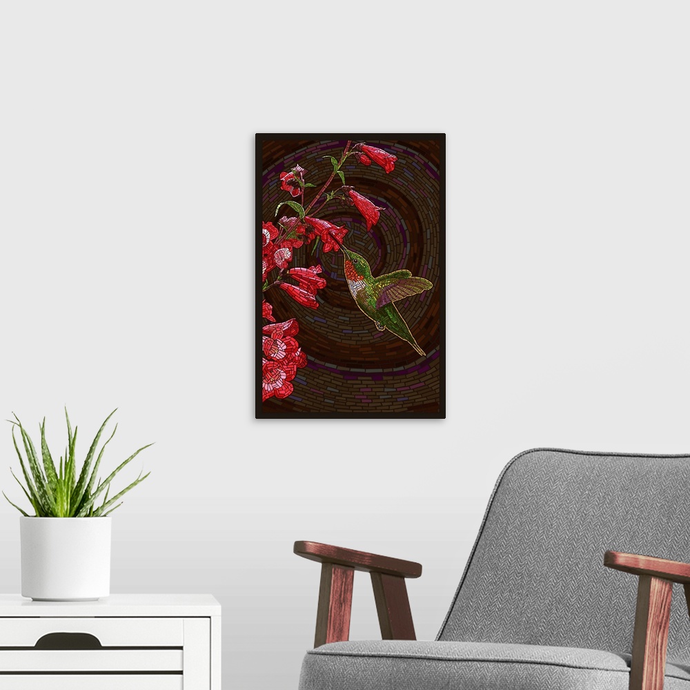 A modern room featuring This stylized art work of a humming bird and flowers made out of small tiles to create the impres...