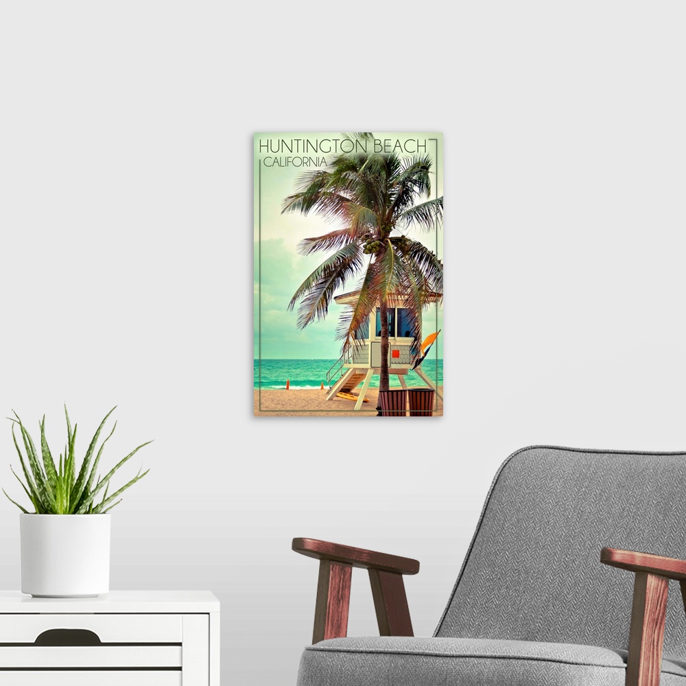 A modern room featuring Huntington Beach, California, Lifeguard Shack and Palm
