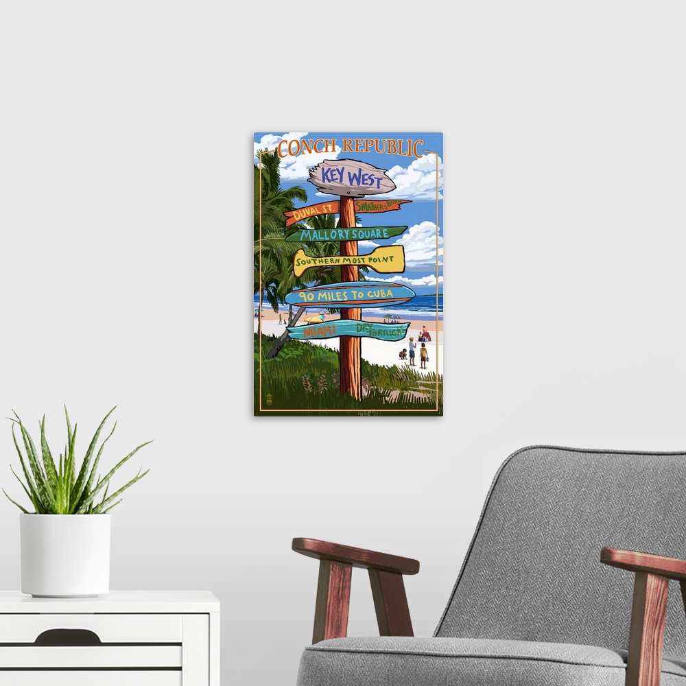 A modern room featuring Key West, Florida - Conch Republic Destination Signs: Retro Travel Poster