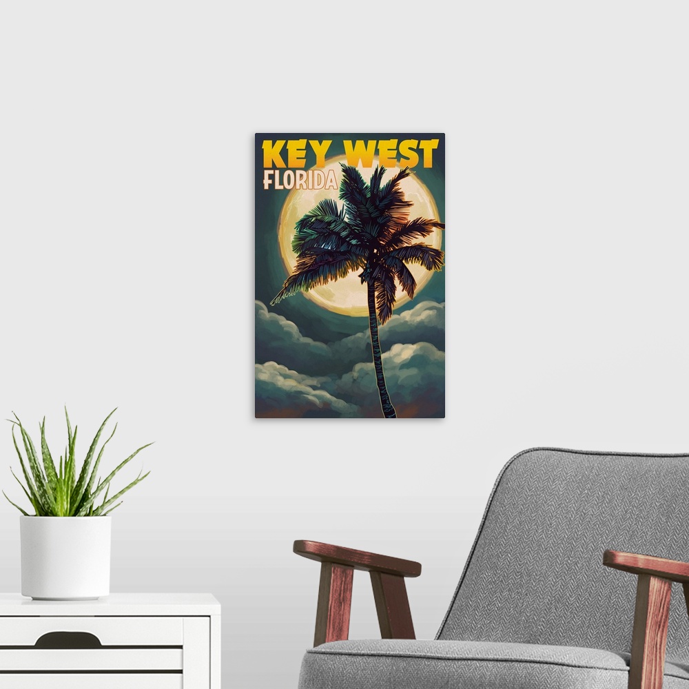 A modern room featuring Key West, Florida - Palms and Moon: Retro Travel Poster