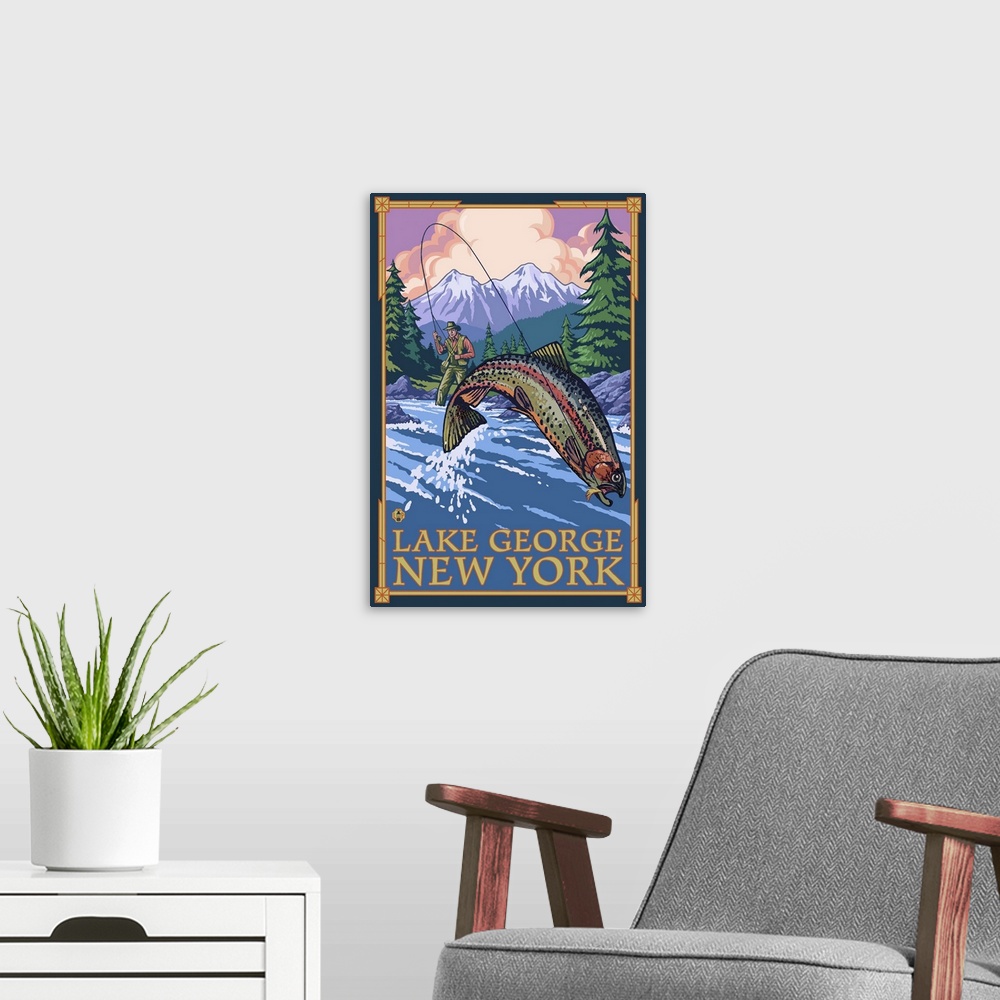 Lake George, New York, Angler Fly Fishing | Large Metal Wall Art Print | Great Big Canvas