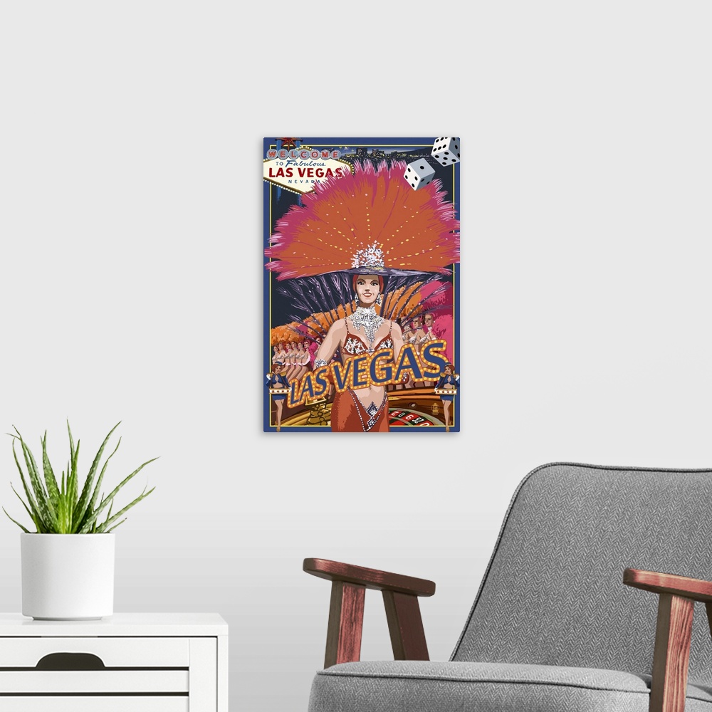 Las Vegas Casino Showgirl: Retro Travel Poster | Large Solid-Faced Canvas Wall Art Print | Great Big Canvas