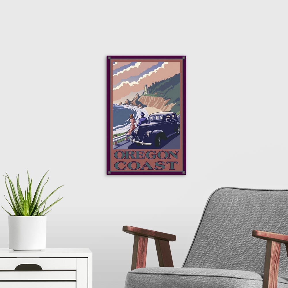 A modern room featuring Lighthouse View - Oregon Coast: Retro Travel Poster