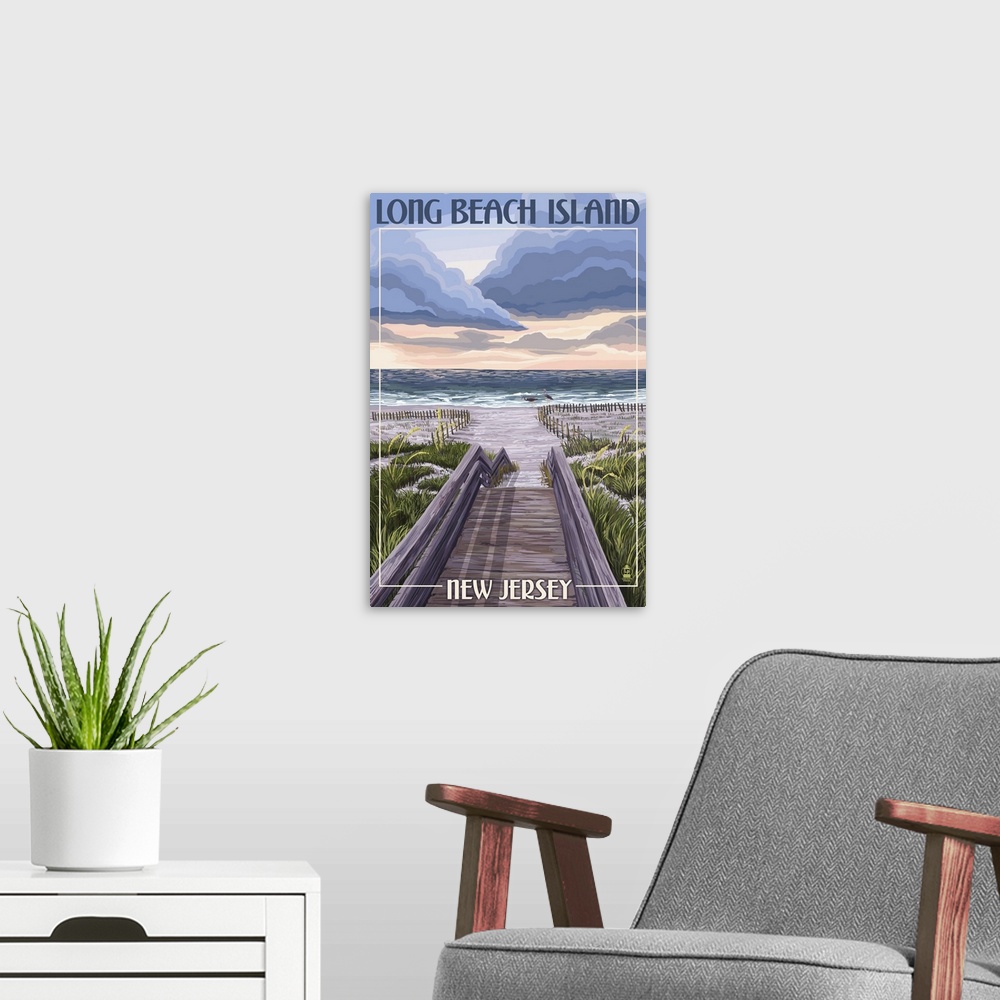A modern room featuring Long Beach Island, New Jersey - Beach Boardwalk Scene: Retro Travel Poster