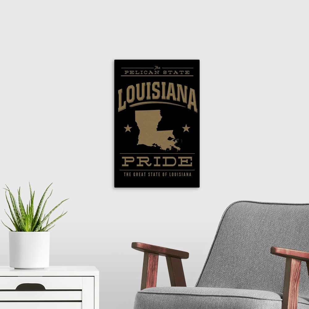 A modern room featuring The Louisiana state outline on black with gold text.