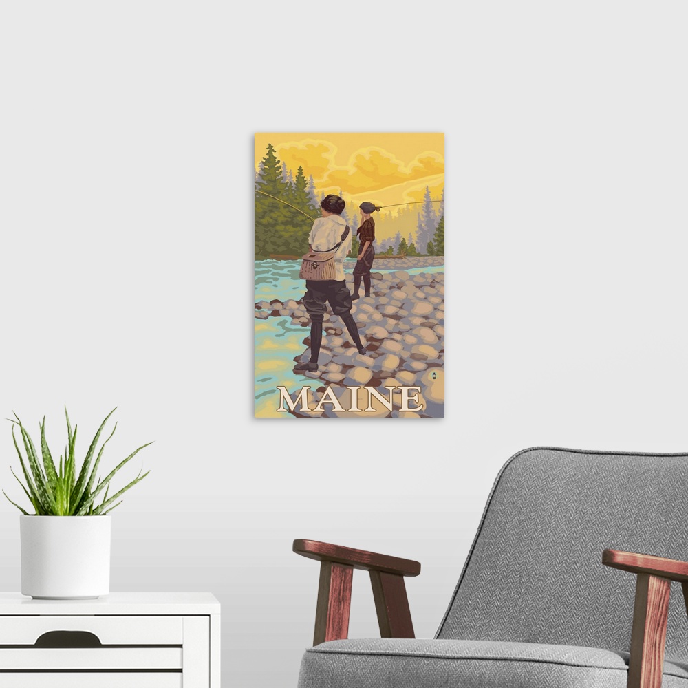 Maine - Women Fly Fishing Scene: Retro Travel Poster | Large Solid-Faced Canvas Wall Art Print | Great Big Canvas