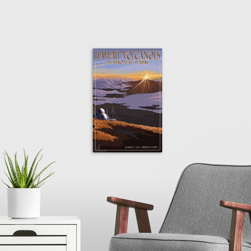 A modern room featuring Mauna Loa Observatory at Sunrise, Hawaii Volcanoes National Park: Retro Travel Poster