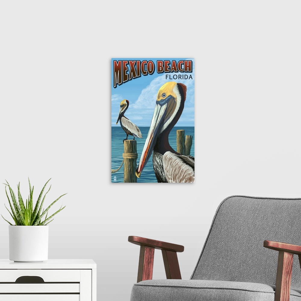 A modern room featuring Retro stylized art poster of two pelicans perched on wooden poles in the water.
