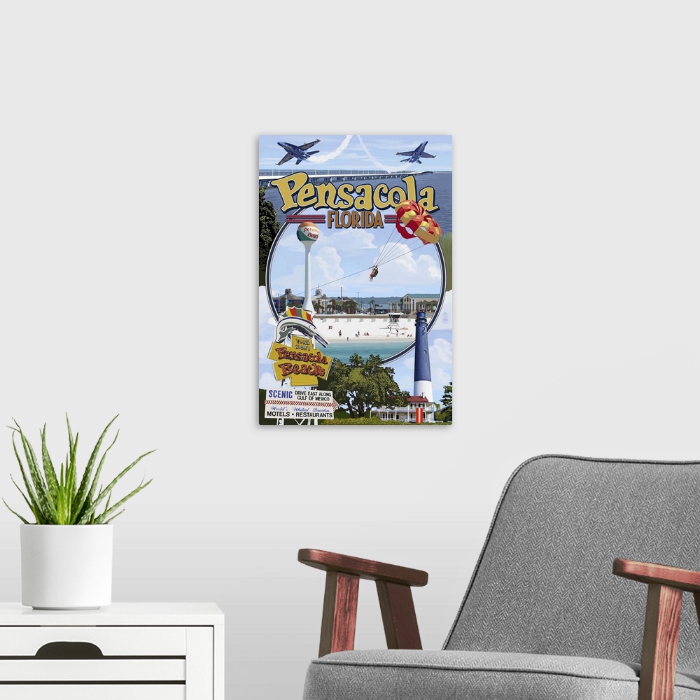 A modern room featuring Montage Scenes - Pensacola, Florida: Retro Travel Poster